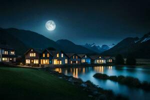 photo wallpaper night, the moon, lake, house, mountains, the moon, the night,. AI-Generated