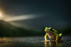 a frog sitting on the ground in the dark. AI-Generated photo