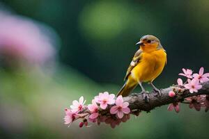 a small bird is perched on a branch with pink flowers. AI-Generated photo