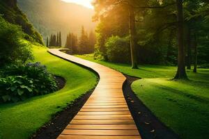 a wooden path leads to a green field. AI-Generated photo