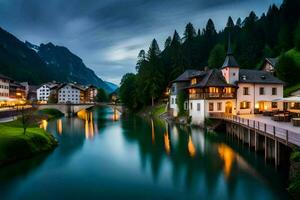 a river runs through a town at night. AI-Generated photo
