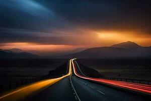 a long exposure photograph of a highway with light trails. AI-Generated photo