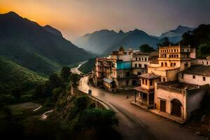 foto fondo de pantalla el cielo, montañas, camino, aldea, atardecer, India. generado por ai