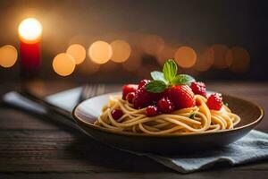 spaghetti with strawberries and pomegranate on a wooden table. AI-Generated photo