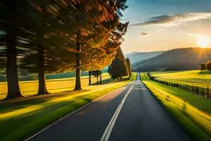 un la carretera en el campo con arboles y césped. generado por ai foto