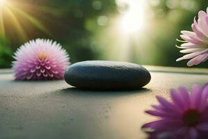 a stone and flowers on a table with sunlight shining through. AI-Generated photo