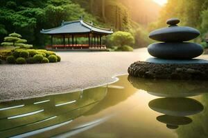 a japanese garden with a pond and rocks. AI-Generated photo