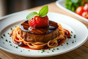a plate with spaghetti and meat on top of a wooden table. AI-Generated photo