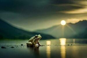 a frog sitting on the shore of a lake at sunset. AI-Generated photo