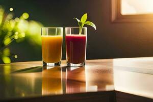 two glasses of juice on a table. AI-Generated photo