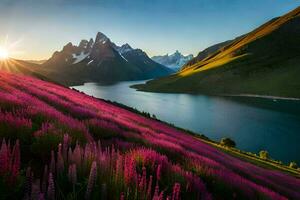the sun rises over a lake and pink flowers in the foreground. AI-Generated photo