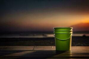 a green bucket sitting on a wooden table in front of the ocean. AI-Generated photo