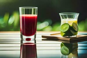 dos lentes de jugo en un mesa. generado por ai foto