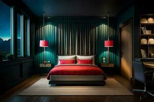 un dormitorio con un rojo cama y azul paredes generado por ai foto