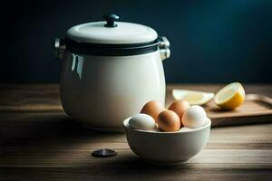 a white pot with eggs and a lemon on a table. AI-Generated photo