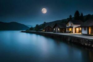 foto fondo de pantalla el luna, lago, casa, luna, el noche, el luna, el lago. generado por ai