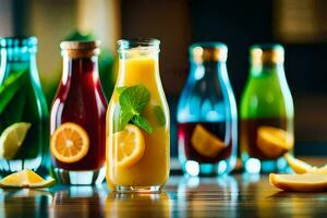 a group of colorful drinks in glass bottles. AI-Generated photo