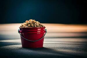 a red bucket filled with peanuts sitting on a table. AI-Generated photo