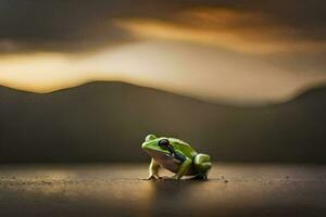 a frog sitting on the ground in front of a sunset. AI-Generated photo