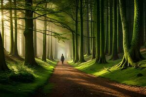 a person walking down a path in the middle of a forest. AI-Generated photo