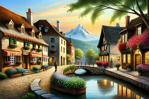 a painting of a small town with a river and houses. AI-Generated photo