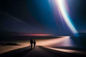 two people walking down a road at night with a bright light in the sky. AI-Generated photo