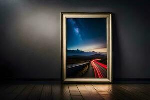 a framed picture of a road at night. AI-Generated photo