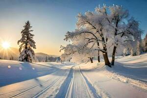 a snowy road with trees and sun. AI-Generated photo