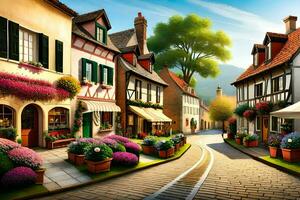 a street scene with flowers and buildings. AI-Generated photo