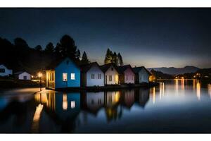 a row of houses on the water at night. AI-Generated photo