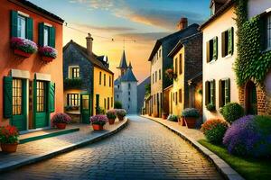 photo wallpaper the sky, street, houses, flowers, sunset, the village, the sunset,. AI-Generated