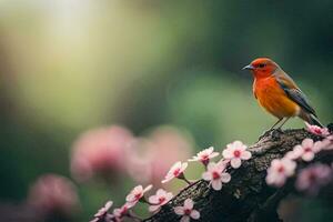 un pequeño rojo pájaro es encaramado en un rama con rosado flores generado por ai foto