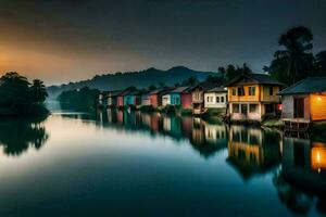 houses on the water at sunset in a village. AI-Generated photo