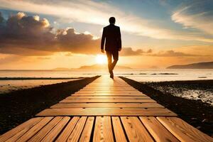 a man in a suit walks along a wooden path on the beach at sunset. AI-Generated photo