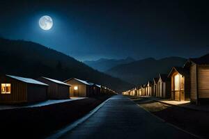 a road leading to a row of cabins at night. AI-Generated photo