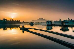 un hombre es en pie en un muelle en frente de un lago a amanecer. generado por ai foto