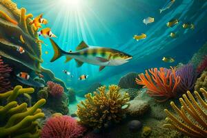 fish swimming in the ocean with coral reefs and fish. AI-Generated photo