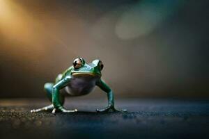 a frog is standing on its hind legs. AI-Generated photo