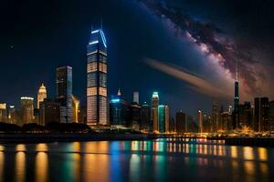 el ciudad horizonte a noche con el lechoso en el cielo. generado por ai foto