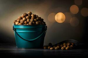 nuts in a bucket on a dark table. AI-Generated photo