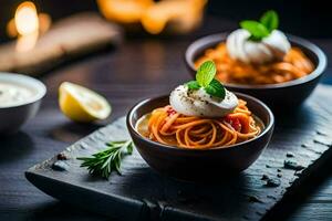 spaghetti with tomato sauce and mozzarella on a wooden plate. AI-Generated photo