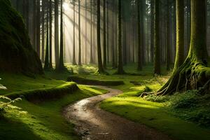 a path through a forest with trees and grass. AI-Generated photo