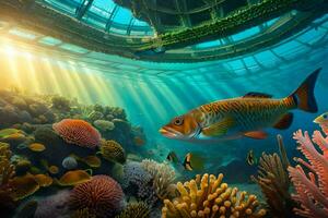 photo wallpaper fish, coral, the ocean, the sun, light, the sky, the sky. AI-Generated