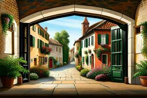 an illustration of a street with a gate and flowers. AI-Generated photo