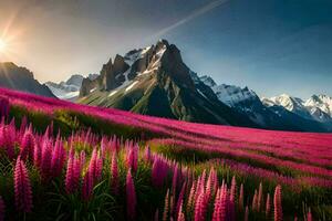 el Dom brilla terminado un campo de rosado flores generado por ai foto