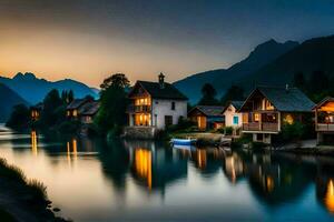 un río en el montañas a oscuridad con casas en el costa. generado por ai foto