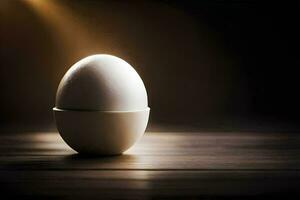 un huevo sentado en un huevo taza en un mesa. generado por ai foto