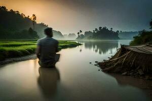 a man sitting on the edge of a river at sunrise. AI-Generated photo