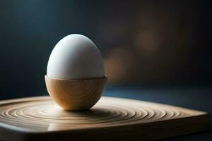 un huevo sentado en parte superior de un de madera bandeja. generado por ai foto
