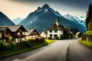 un la carretera en el Alpes con casas y montañas. generado por ai foto